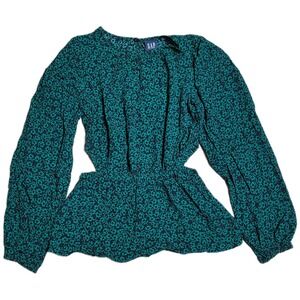 GAP Peplum‎ Blouse Top Women's Size XS Green Black Floral Cutout Waist